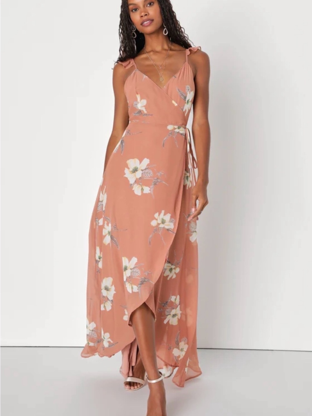 Lulus All Mine Rusty Rose Floral Print High-Low Wrap Dress Medium